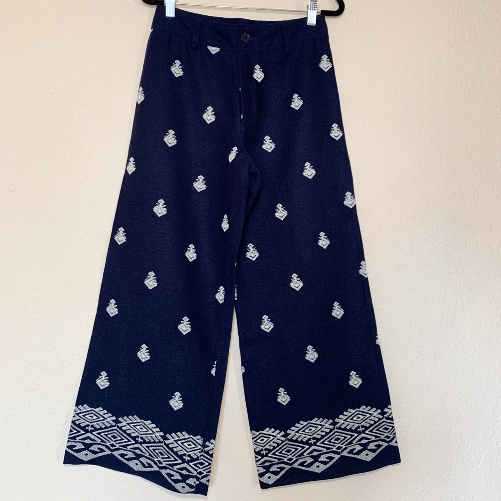 100% Cotton Linen Wide Leg Embroidered Navy Blue Geo Print Sailor Pants Summer